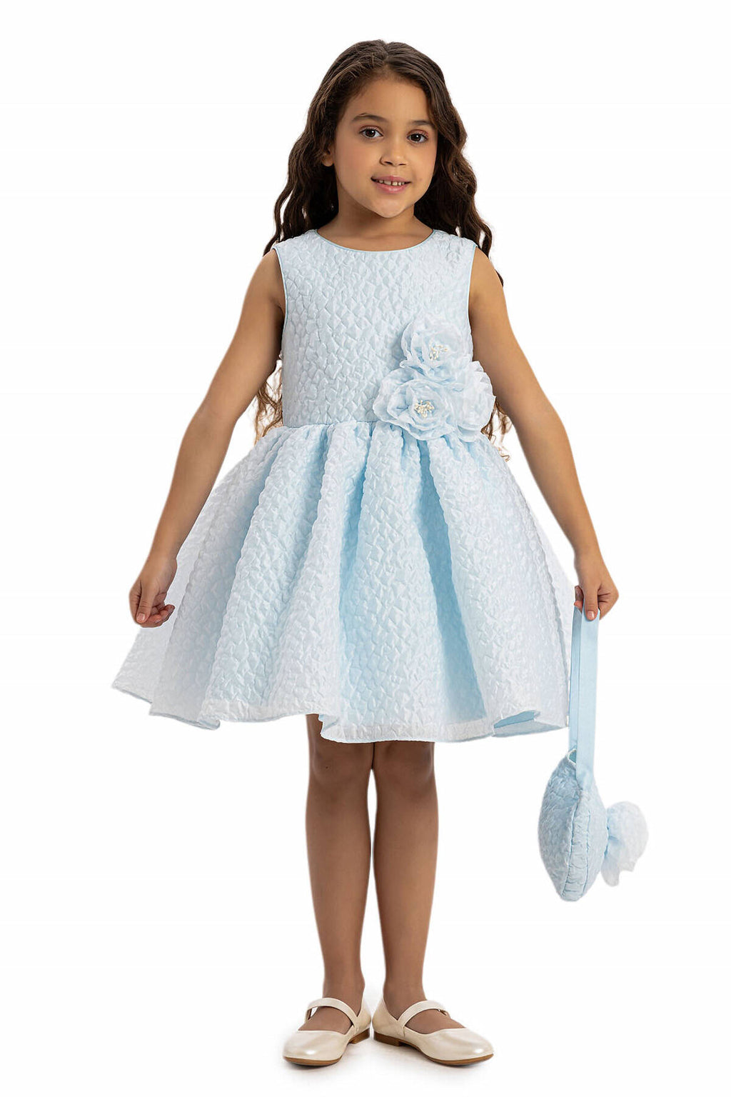 Blue Textured Dress with Matching Bag 3-7 AGE