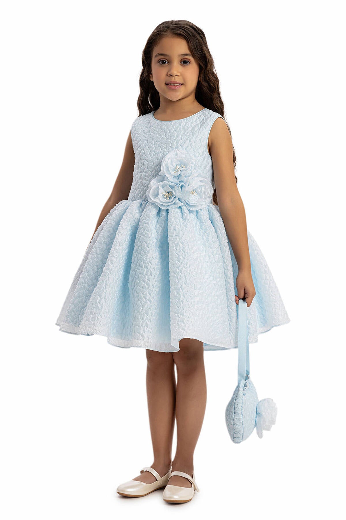 Blue Textured Dress with Matching Bag 3-7 AGE