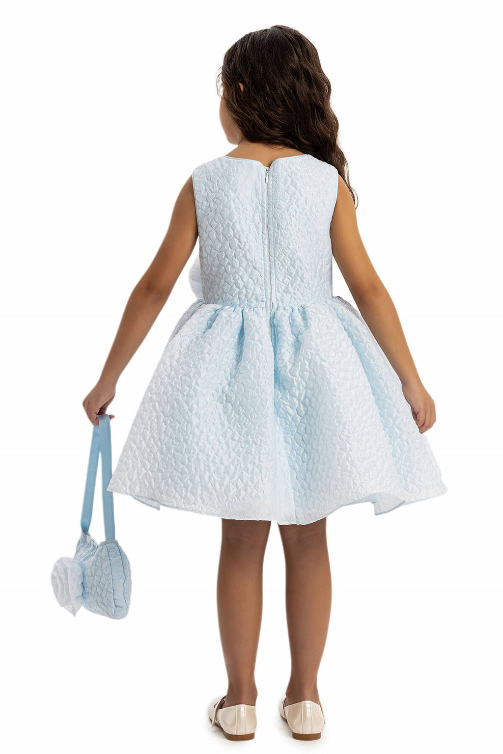 Blue Textured Dress with Matching Bag 3-7 AGE