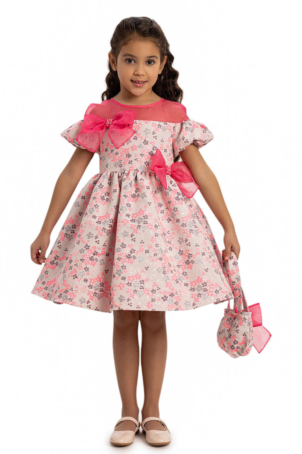 Robe rose à fleurs avec sac assorti 3-7 ans
